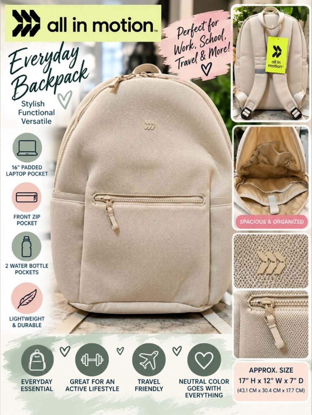 NWT All In Motion Air Mesh Backpack Cream 16” Laptop Pocket